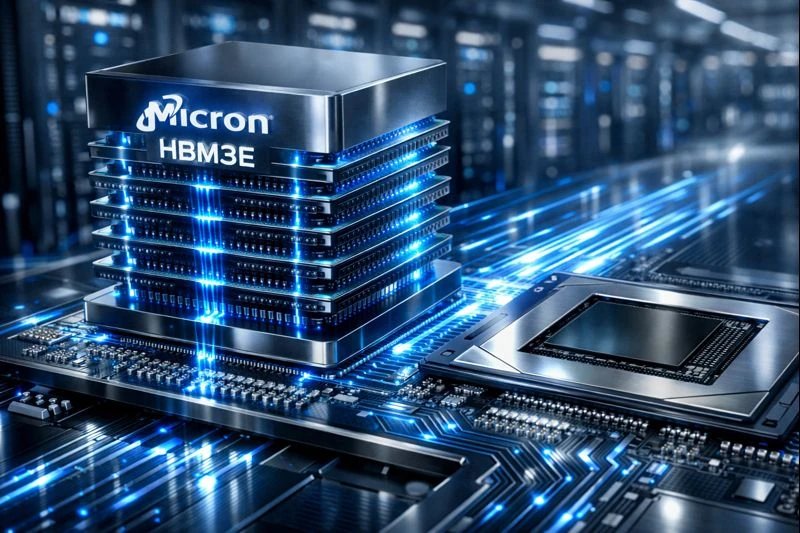 Micron HBM3E 3D 스택 메모리 구조와 GPU 연결 다이어그램 - AI 데이터센터용 고대역폭 메모리