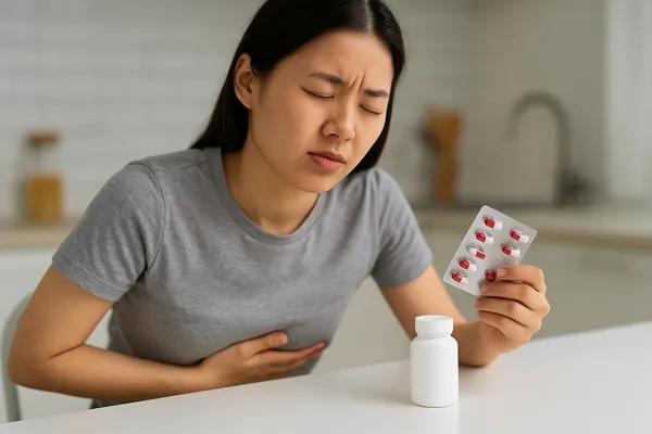 복통 여성과 약 포장 모습