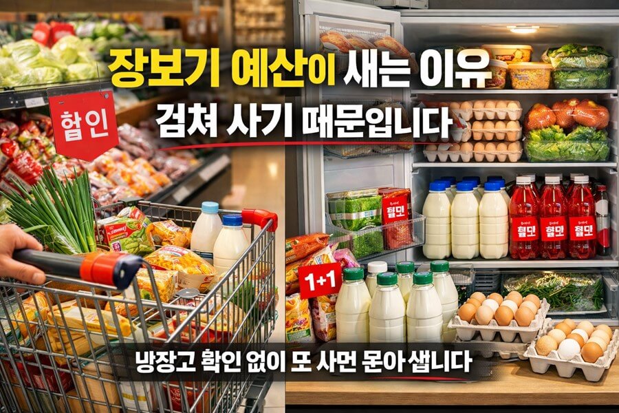 마트 장보기와 냉장고 재고 확인 부족, 중복 구매가 겹치면서 장보기 예산이 늘어나는 구조를 설명하는 이미지