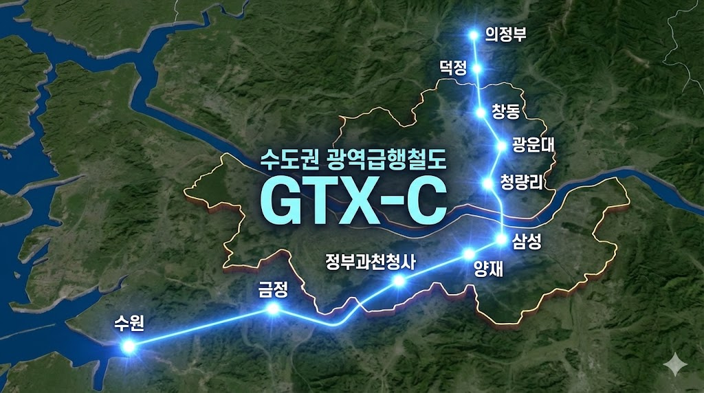 수도권 전체를 관통하는 GTX-C 노선의 상세 경로를 시각화한 지도입니다.