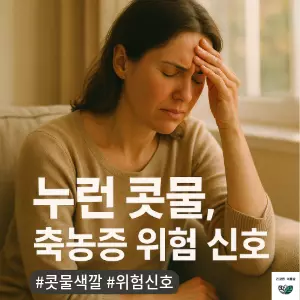 * 이미지 프롬프트: 밝은 햇살이 들어오는 거실 창가 소파에, 30대 여성이 앉아 지끈거리는 머리를 감싸 쥐거나 눈썹 위 이마 부분을 지그시 누르고 있다. 단순한 피곤함이 아닌, 묵직한 통증으로 인한 괴로움이 표정에 드러난다. 전체적으로 따뜻하고 부드러운 색감. 필름 카메라로 촬영한 듯한 자연스러운 빛 번짐과 미세한 필름 그레인 효과를 더해 아날로그 감성을 연출한 극사실주의 사진 스타일.
* 썸네일 텍스트(제목): 누런 콧물, 축농증 위험 신호
* 해시태그: #콧물색깔 #위험신호