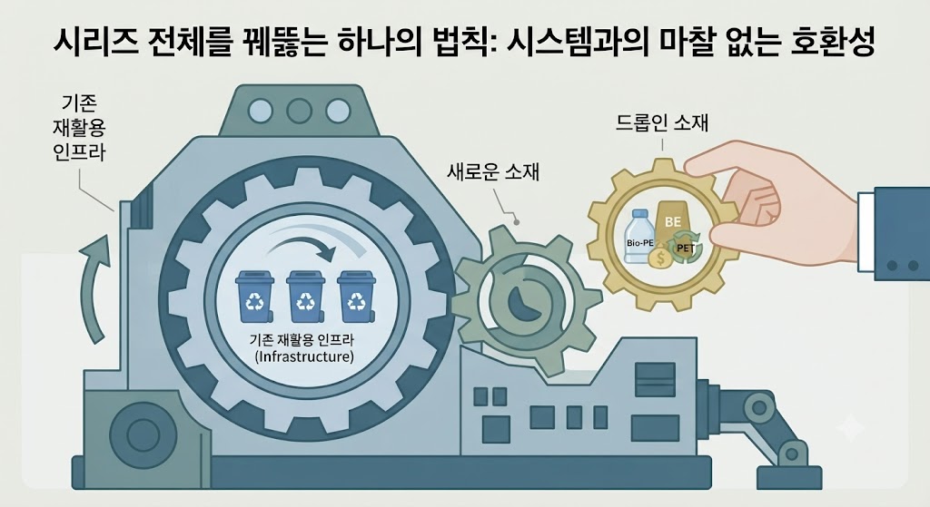 거대한 톱니바퀴 구조물을 통해 포장재 시장의 진리를 설명합니다. '소재의 성능'이 아무리 뛰어나도(PLA 분해 마크), '기존 재활용 인프라'라는 톱니바퀴와 맞물리지 않으면(톱니가 어긋남) 시장에서 채택되지 않음을 보여줍니다. 반면, 성능은 기존과 같아도 인프라와 완벽히 호환되는 드롭인 소재는 톱니바퀴가 매끄럽게 돌아가게 합니다.