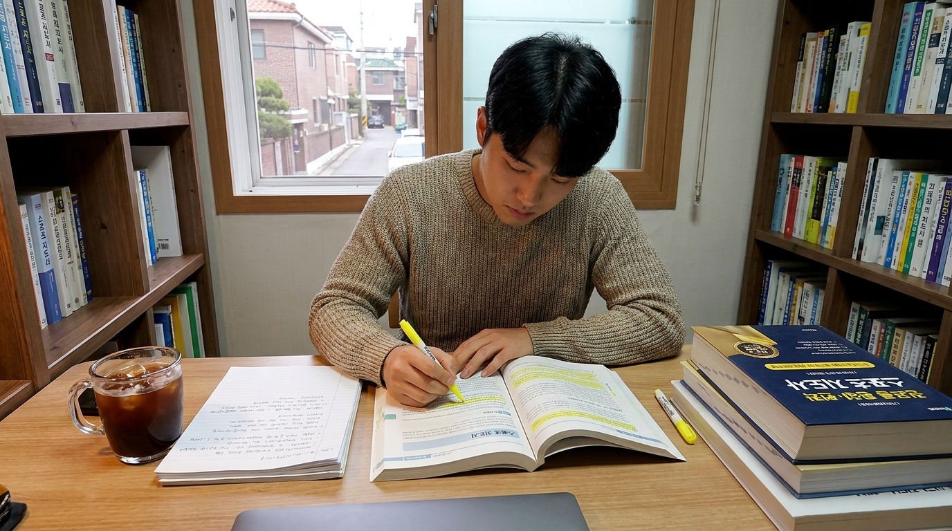 스포츠지도사 필기 시험 합격을 위해 과목별 핵심 요약을 공부하는 모습