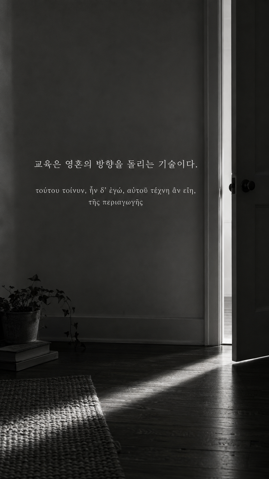 플라톤 명언 13 교육은 영혼의 방향을 돌리는 기술이다. 반쯤 열린 문에서 들어오는 빛 배경의 한글·그리스어 세로 이미지