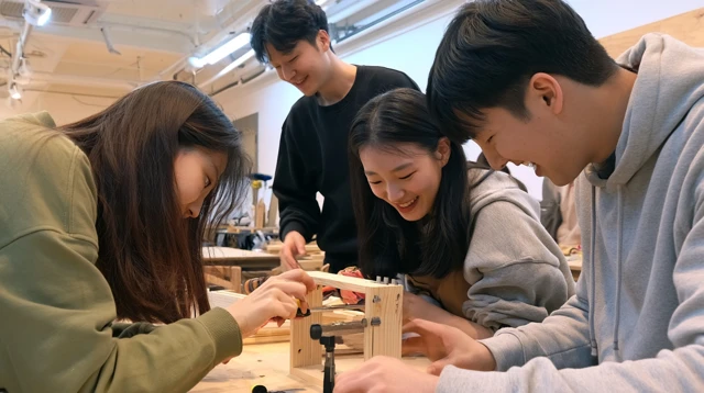 나무 결을 확인하는 참가자