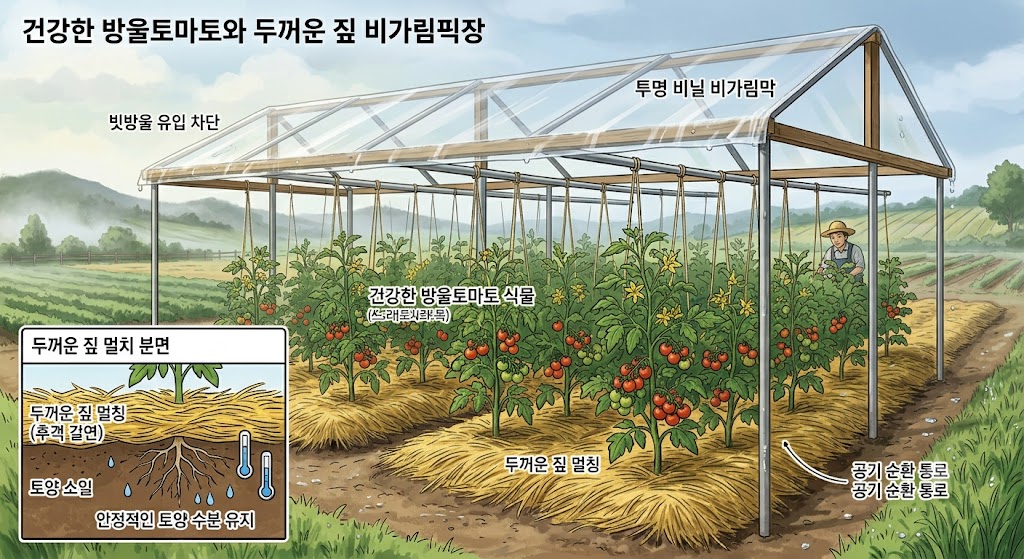 빗방울을 막아주는 상단 투명 비닐 가림막과 토양의 수분 변화를 최소화하기 위해 짚으로 두껍게 멀칭된 방울토마토 재배 환경 일러스트.