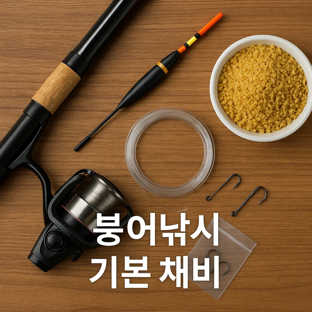 붕어낚시에 필요한 기본 장비들이 한눈에 보이도록 배열된 모습