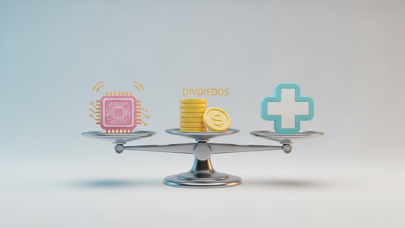 3D icons representing technology (chip), dividends (coins), and healthcare (cross) on a balanced scale, minimalist design.