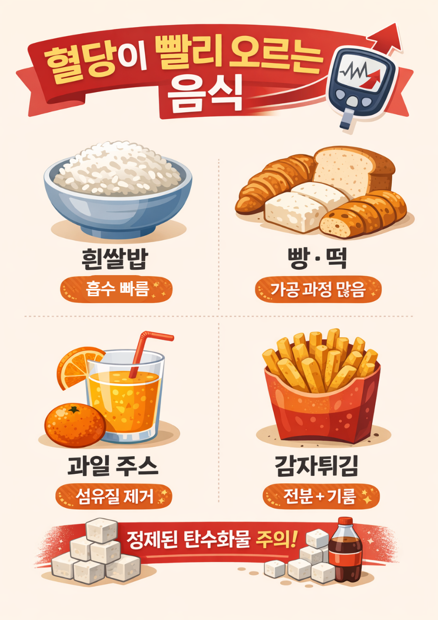 alt="혈당이 빨리 오르는 음식 인포그래픽 흰쌀밥 빵 떡 과일주스 감자튀김"