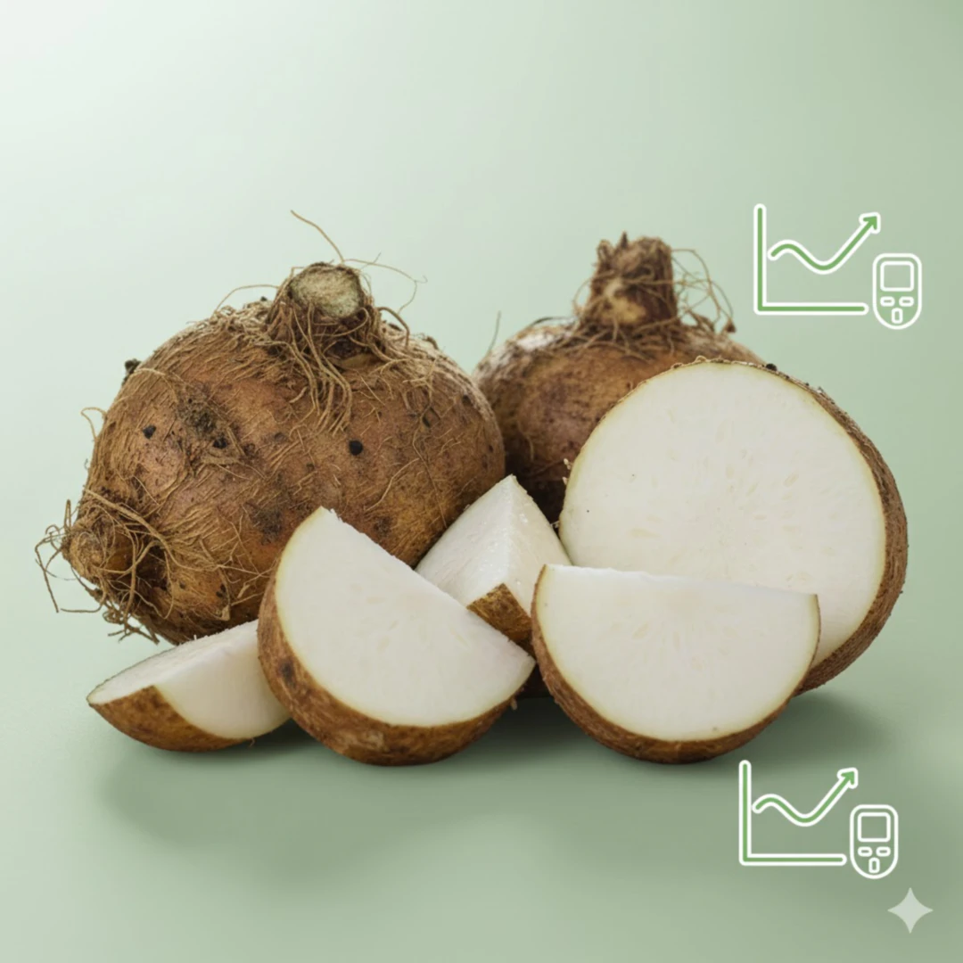 히카마 조각들 옆에 혈당 수치를 나타내는 그래프나 혈당계 아이콘이 배치되어 안정적인 혈당 곡선을 보여줍니다. 부드러운 녹색 계열의 색감과 차분한 분위기로 건강한 혈당 관리를 표현합니다.