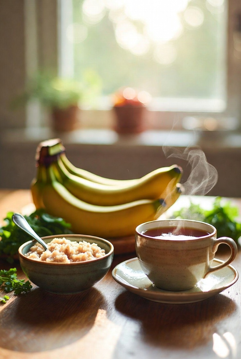 햇살이 비치는 창가 나무 탁자 위에 놓인 따뜻한 차 한 잔과 부드러운 오트밀, 바나나가 놓인 정갈한 아침 식탁 풍경. 역류성 식도염 완화를 돕는 담백한 식단을 상징함.