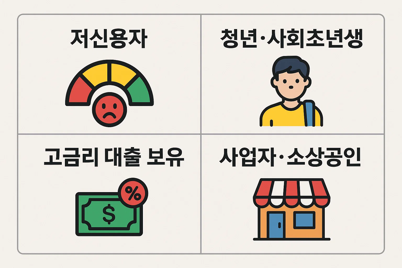 정부지원 대출 중 저신용자, 청년·사회초년생, 고금리 대출 보유자, 사업자·소상공인 대상 상품 유형과 적용 상황을 비교해 설명한 이미지입니다
