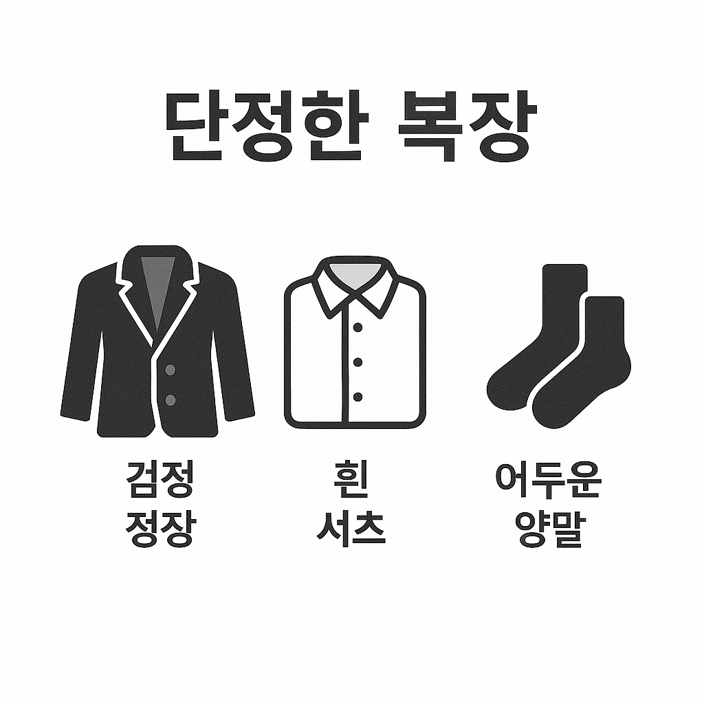 검정 정장, 흰 셔츠, 어두운 양말 등 조문할 때 지켜야 할 단정한 복장 매너를 설명한 이미지로 장례식장 복장 예절을 쉽게 보여줍니다.