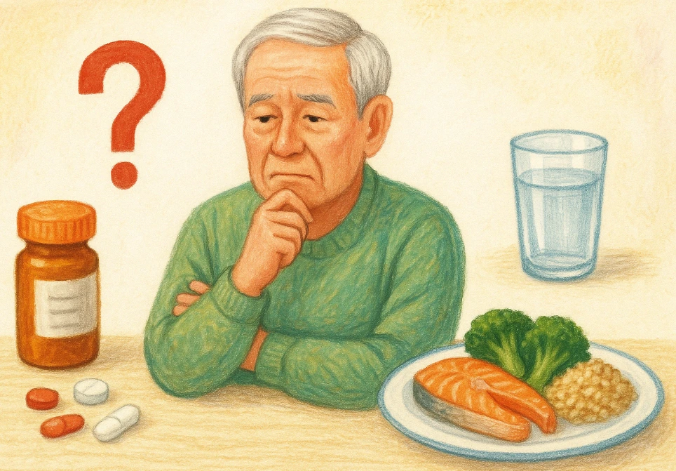 당뇨약과 건강식 중에서 고민하는 할아버지를 나타내는 사진