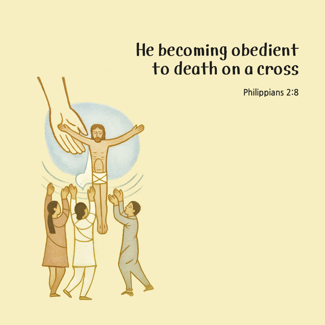 He becoming obedient to death, even death on a cross. (Philippians 2:8) by pieonane Daily Bible quote image
