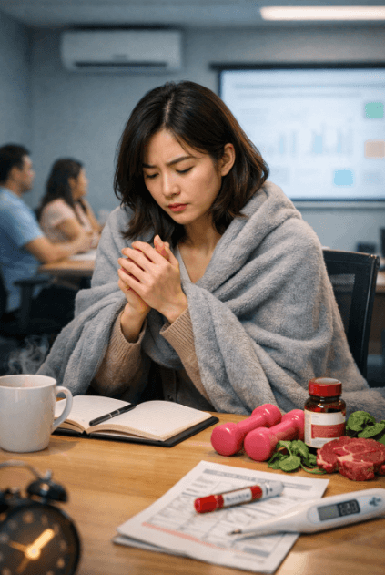 손이 차가워 손을 비비고 있는 여자