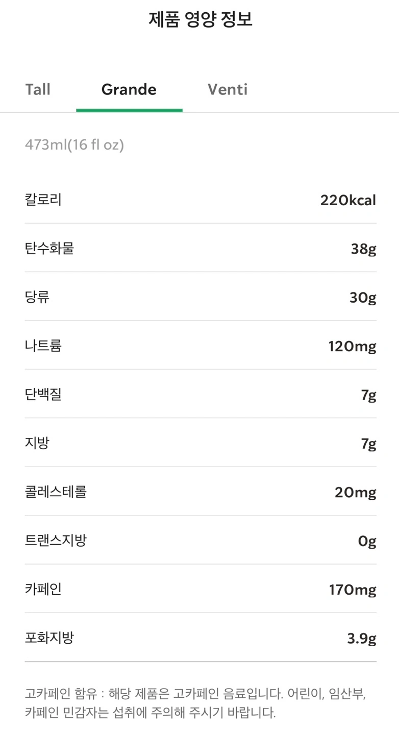 아이스 마롱 헤이즐넛 라떼 영양성분 입니다. 