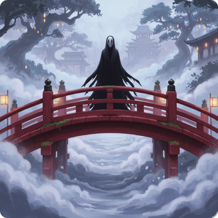alt="가오나시 일러스트 - 얼굴 없는 영혼이 붉은 다리 위에 홀로 서 있는 이미지, 외로움과 정체성의 상징적 분위기를 표현한 이미지"