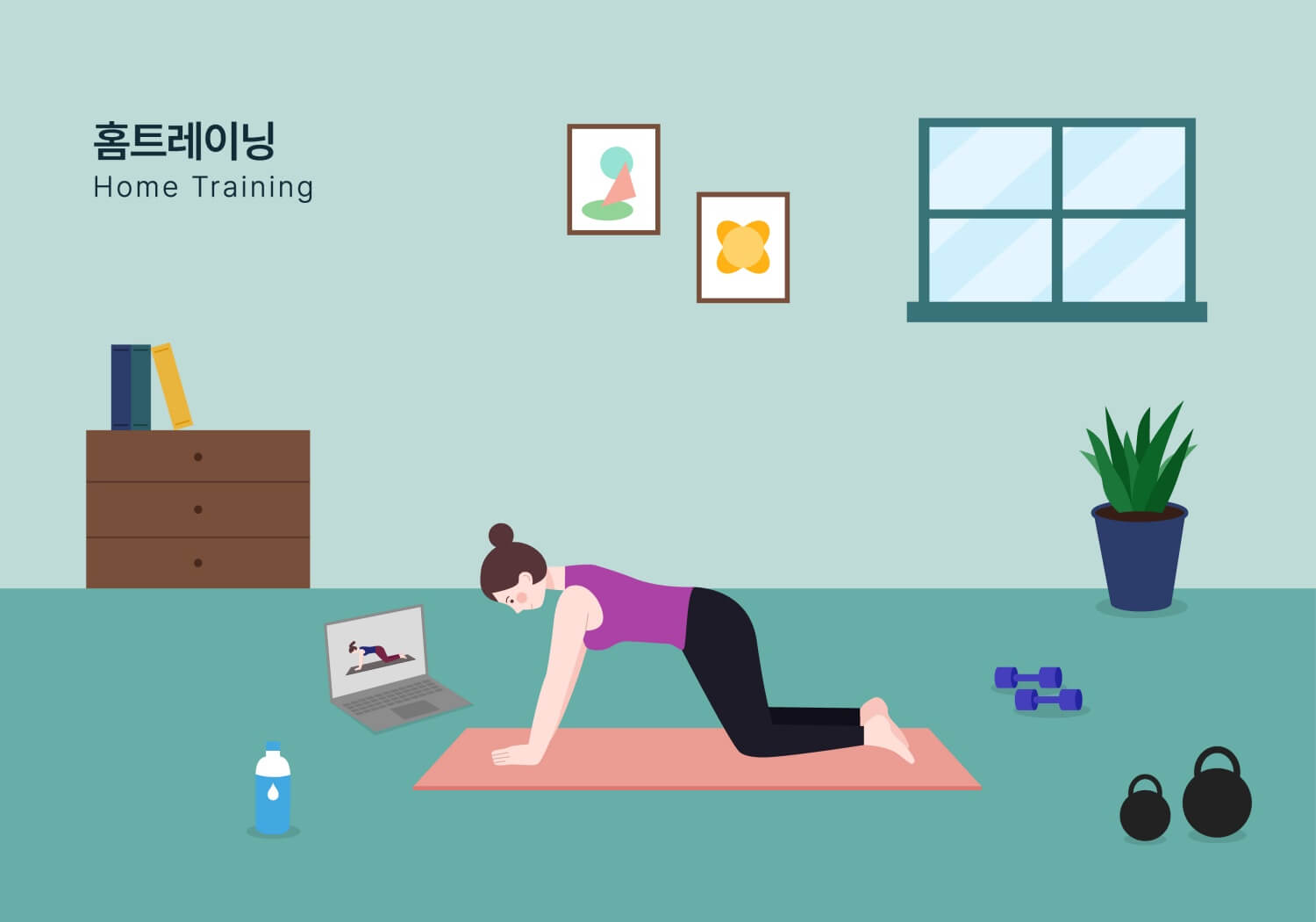 집에서-다양한-장비로-홈트레이닝을-하는-여성