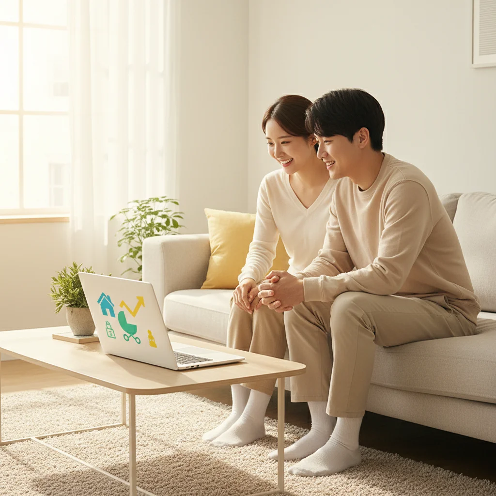 2026년 상향된 신생아 특례대출 소득 기준을 확인하며 기뻐하는 젊은 부부의 모습