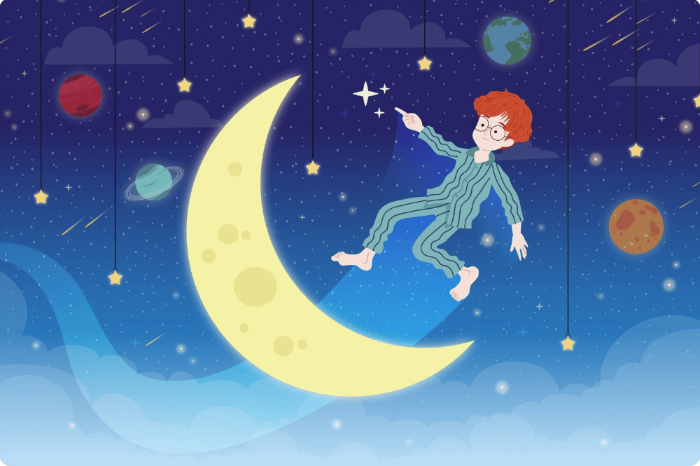 꿈 속에서 초승달 위에 아이가 놀고 있는 모습