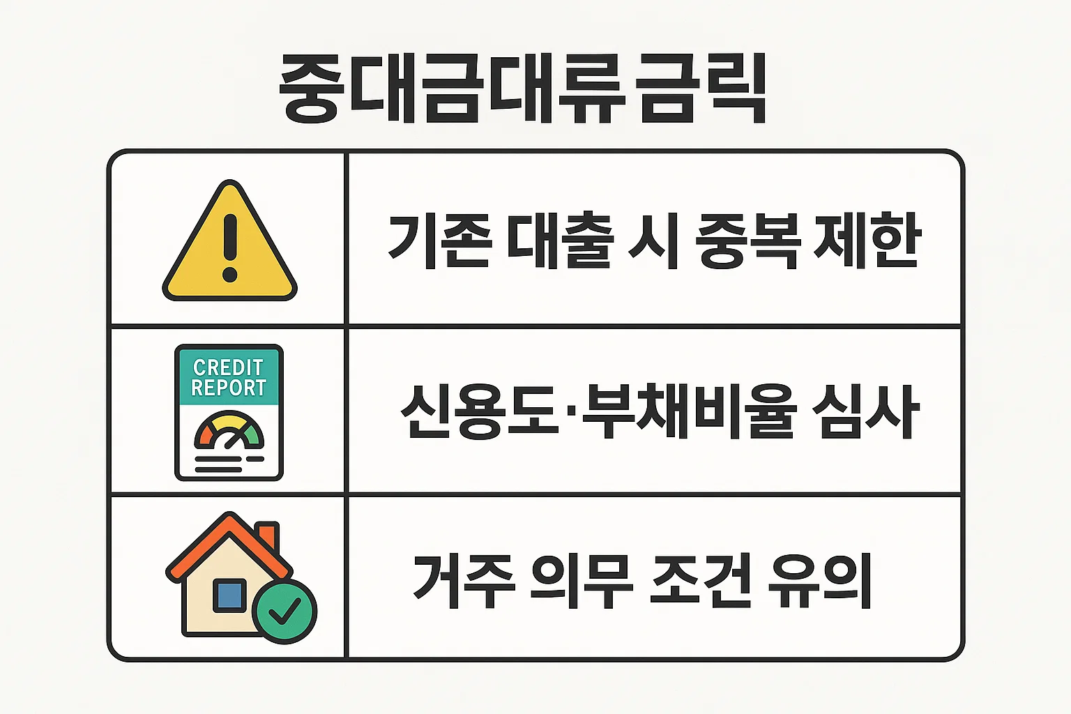 버팀목 전세자금대출 이용 시 주의해야 할 중복 대출 및 심사 조건을 정리한 인포그래픽으로, 기존 대출 중복 제한, 신용도 및 부채비율 심사, 거주 의무 조건 등을 명확히 설명합니다.