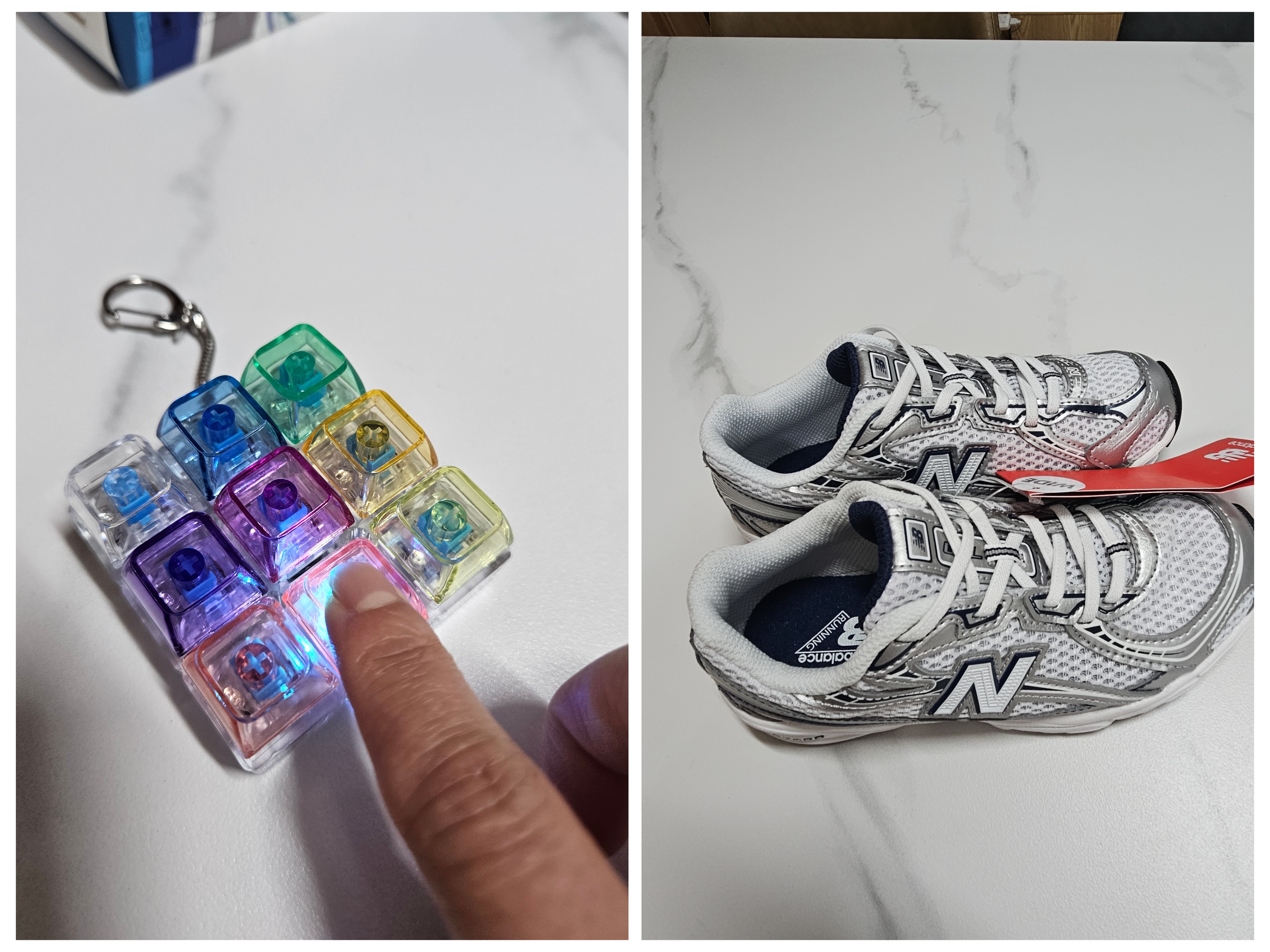 식탁위에 놓인 귀여운 키랑과 입학선물 운동화