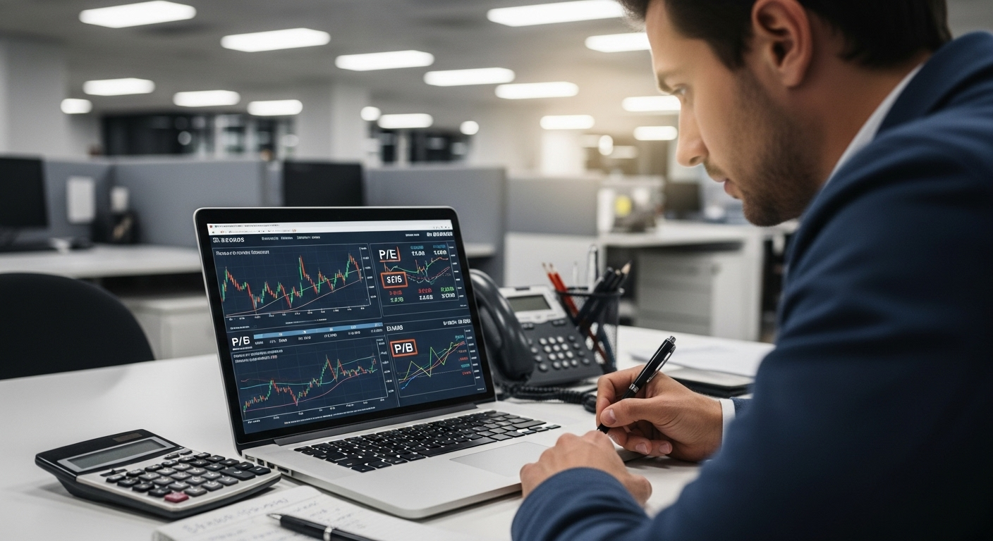 노트북 화면에서 PER과 PBR 수치를 분석하는 투자자의 모습