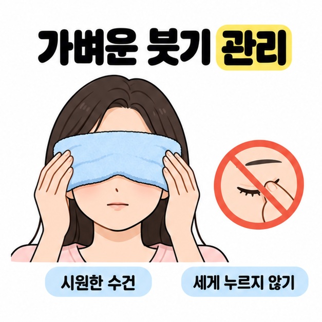 눈 위에 시원한 수건을 가볍게 대는 사람과 눈을 세게 누르지 말라는 금지 표시를 함께 보여준 관리 그림