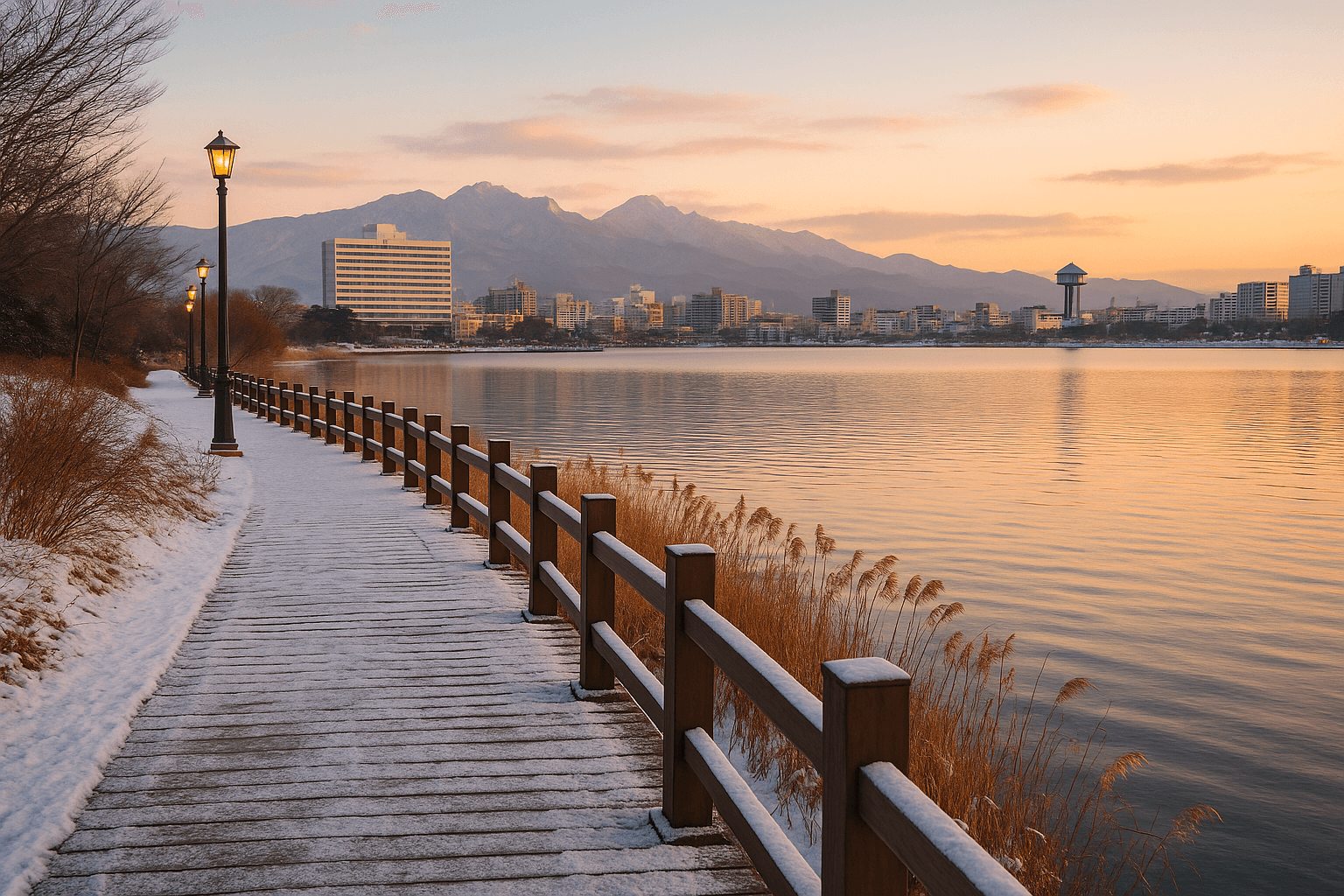 12월 겨울 속초 청초호에서 즐기는 고요한 호수 산책과 도심 힐링 여행