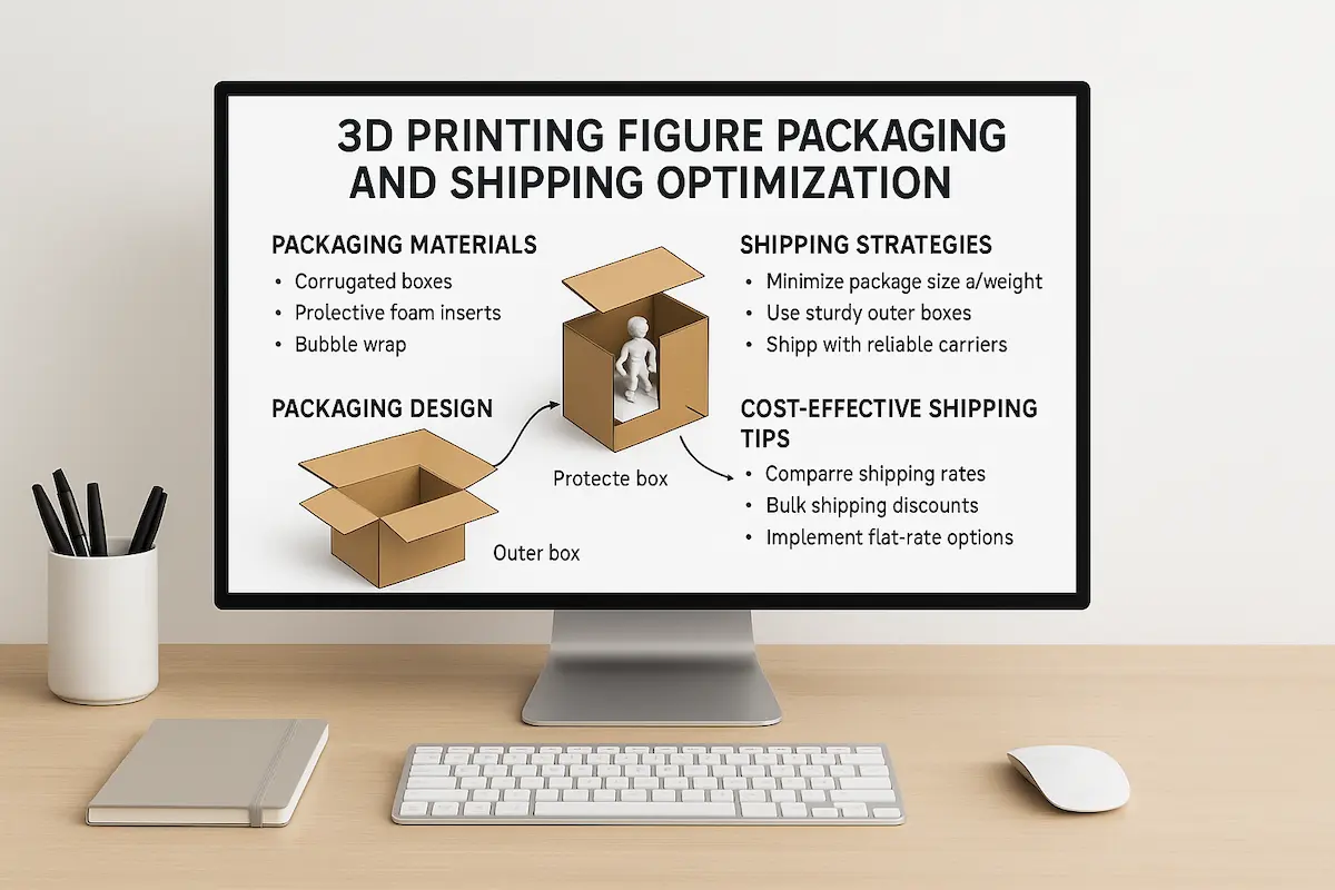 3D프린팅 피규어 포장 및 배송 최적화 전략이 정리된 컴퓨터 화면, 인물 없이 정보가 표시된 장면