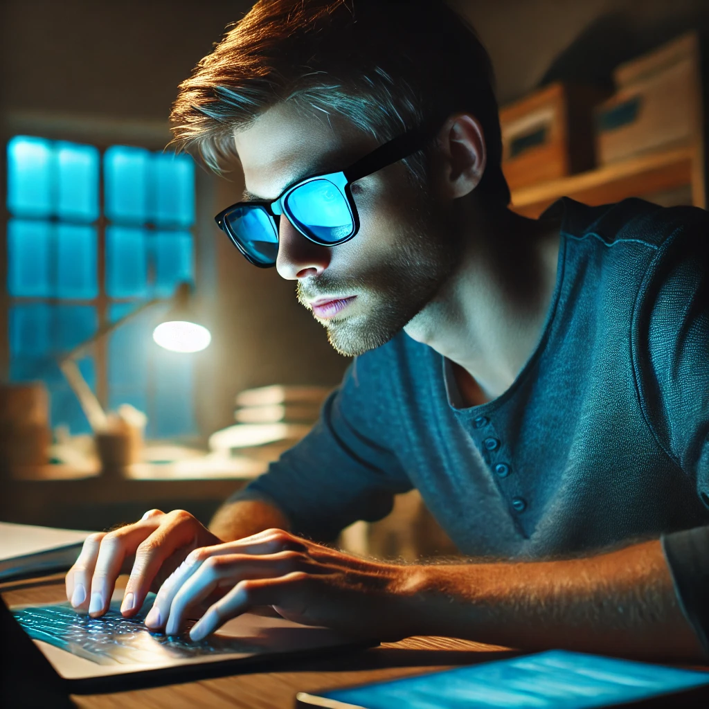 "어두운 방에서 노트북 작업 중 블루라이트 차단 안경을 착용한 사람"