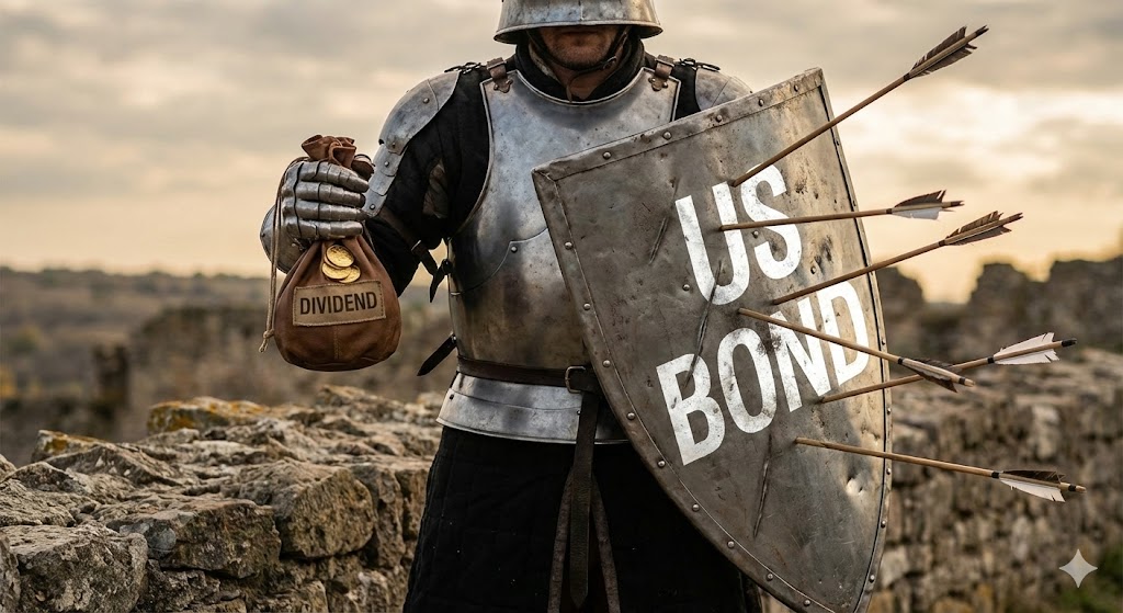 한 손에는 '배당금(Money)' 주머니를, 다른 손에는 '국채(Bond)' 방패를 들고 있는 투자자의 모습