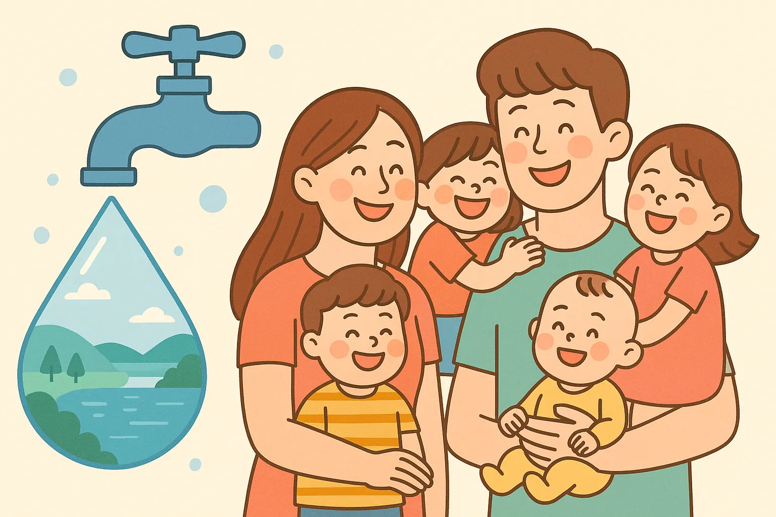 다자녀 가정과 수도요금 감면을 상징하는 일러스트