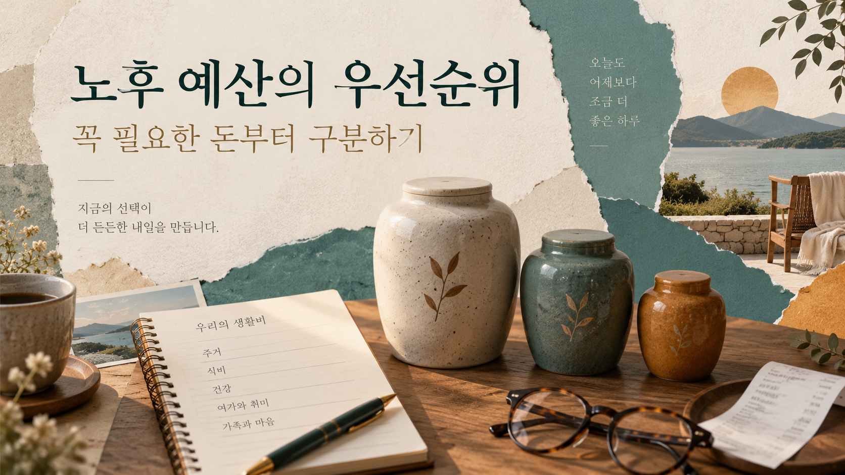 필수 생활비와 조정할 지출을 구분하는 가계 노트와 세 저금통 대표 이미지