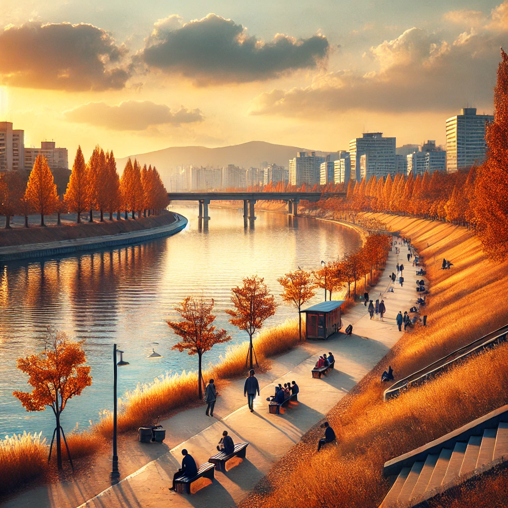 서울 한강공원의 가을 풍경&amp;#44; 노란 단풍과 고요한 강이 어우러진 모습