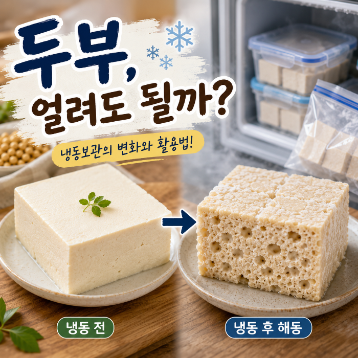 두부 냉동보관 전 생두부와 냉동 후 해동한 두부의 식감 차이를 비교한 이미지