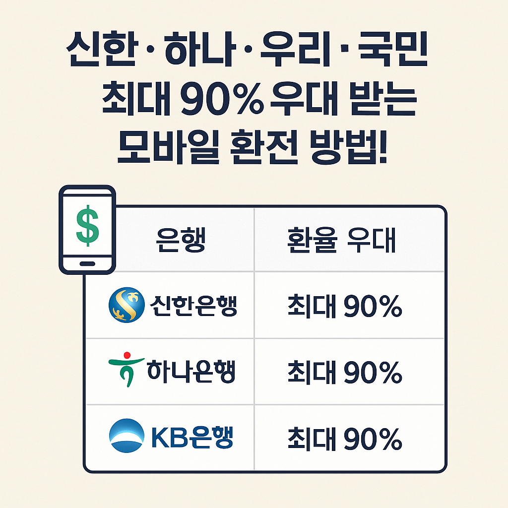 "신한·하나·우리·국민 최대 90% 우대 받는 모바일 환전 방법!" 제목의 금융 정보 이미지. 신한은행, 하나은행, KB국민은행에서 최대 $90\%$ 환율 우대를 받을 수 있다는 내용이 표 형태로 제시되어 있습니다.