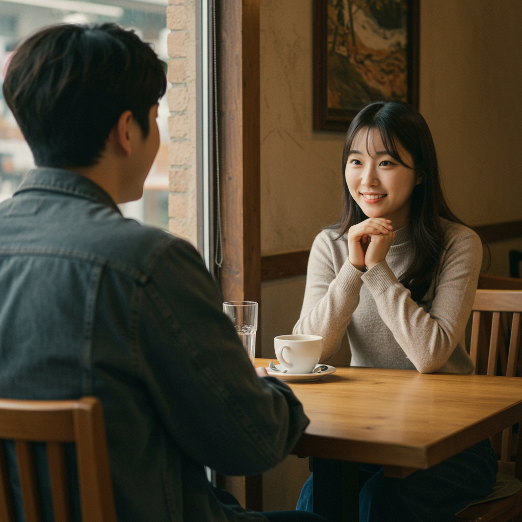 남자와 여자가 카페에서 소개팅 하고 있는 사진