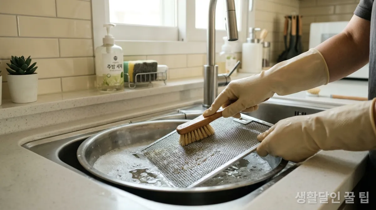 주방 후드 필터를 뜨거운 물에 담가 세척하는 모습