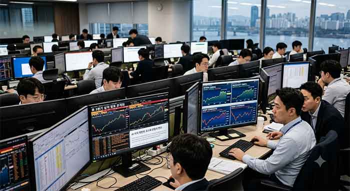모니터 화면의 실적 및 주가 차트를 집중해서 분석하는 금융 시장 전문가들.