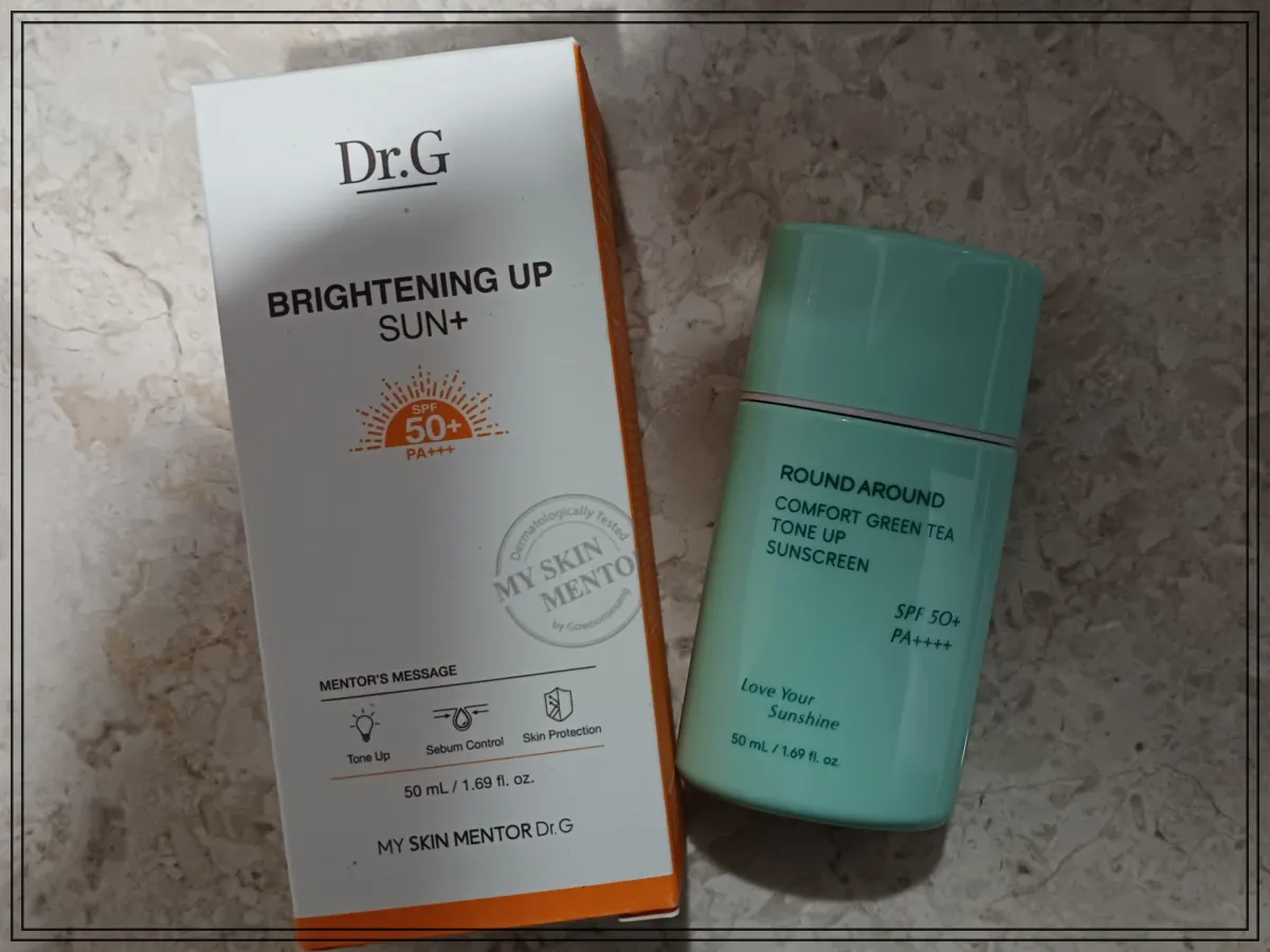 닥터지-브라이트닝-업-선플러스와-라운드어라운드-물복숭아-톤업선-제품-상자-및-실물-비교