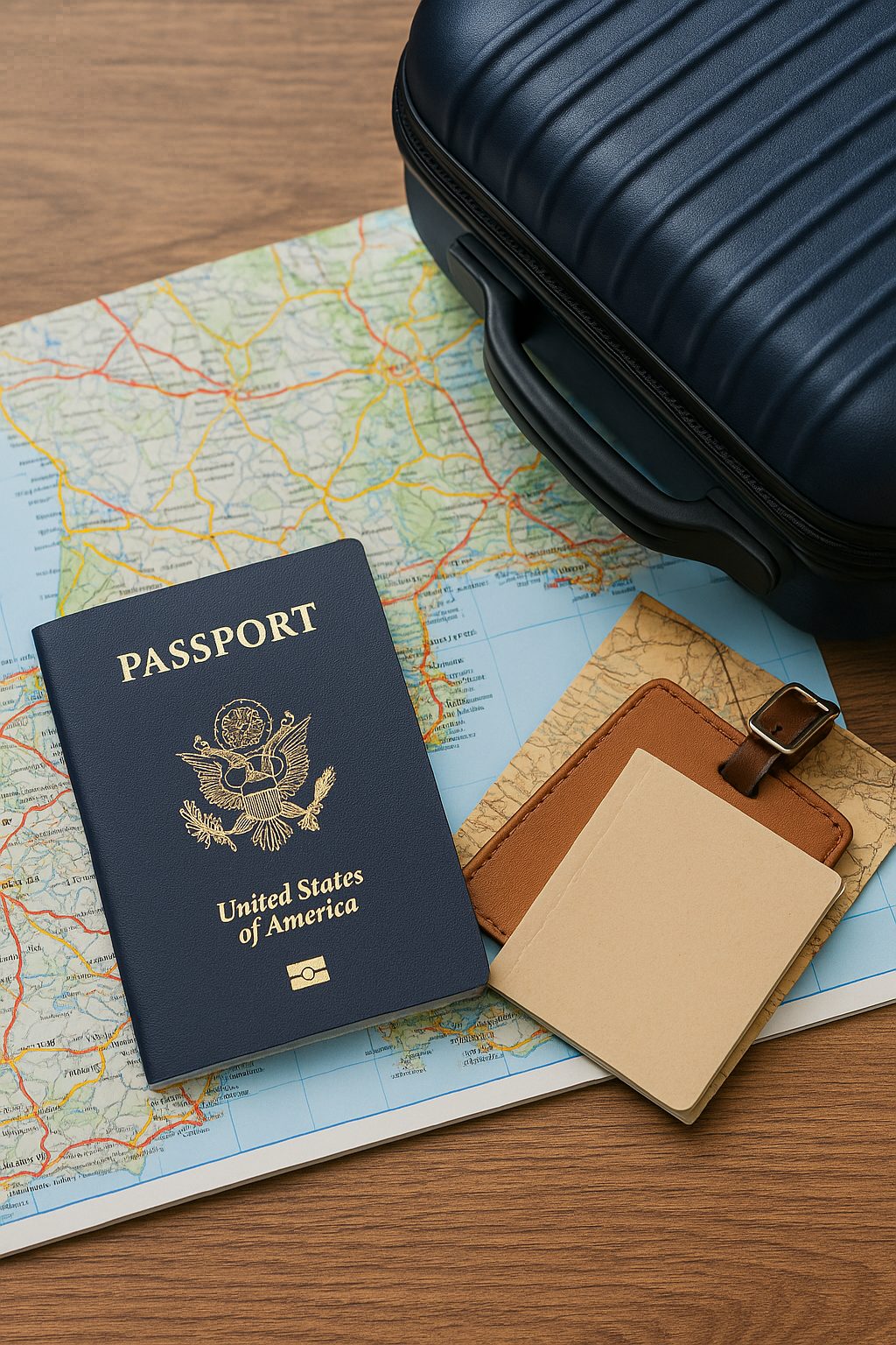 여권&amp;#44; 캐리어&amp;#44; 지도가 같이 있는 이미지