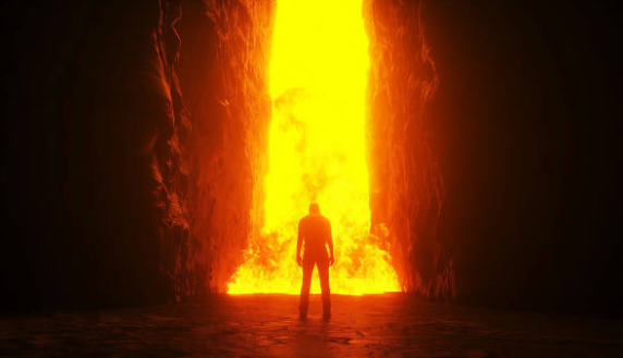 불타는 지옥의 문 앞에 홀로 서 있는 사람의 실루엣
영화'신과함께-죄와벌이 생각나는 사진