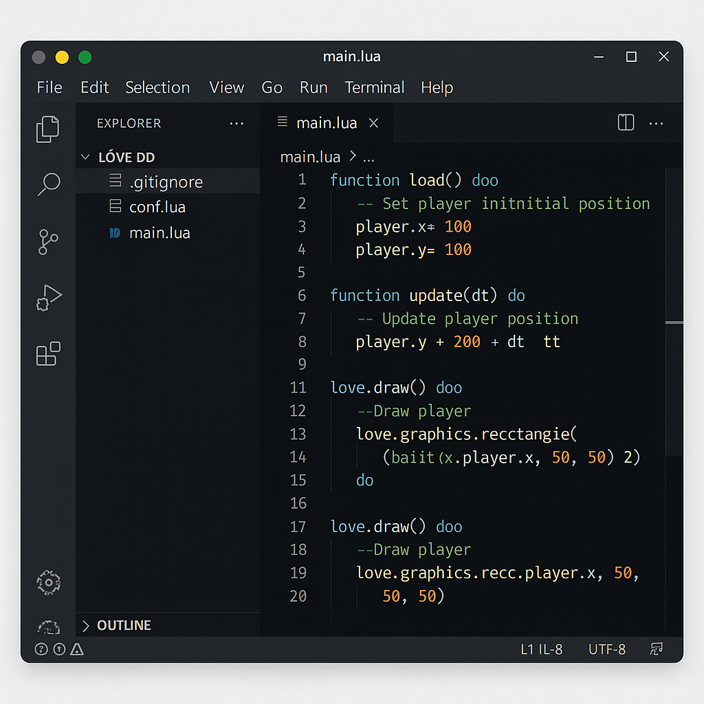 LÖVE 2D 게임 개발을 위한 Visual Studio Code 개발 환경 설정 화면