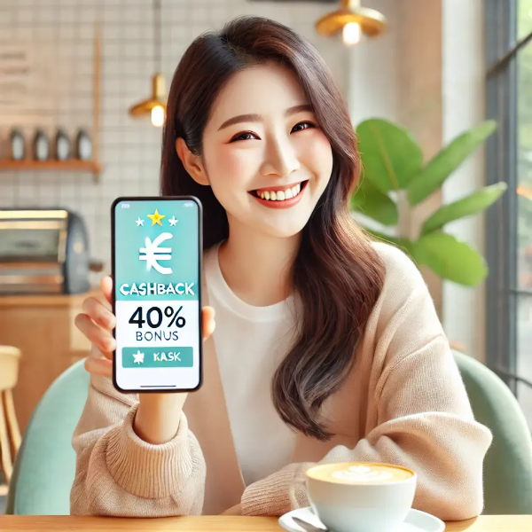 지역화폐 캐시백 알림을 확인하며 미소 짓는 동양인 여성