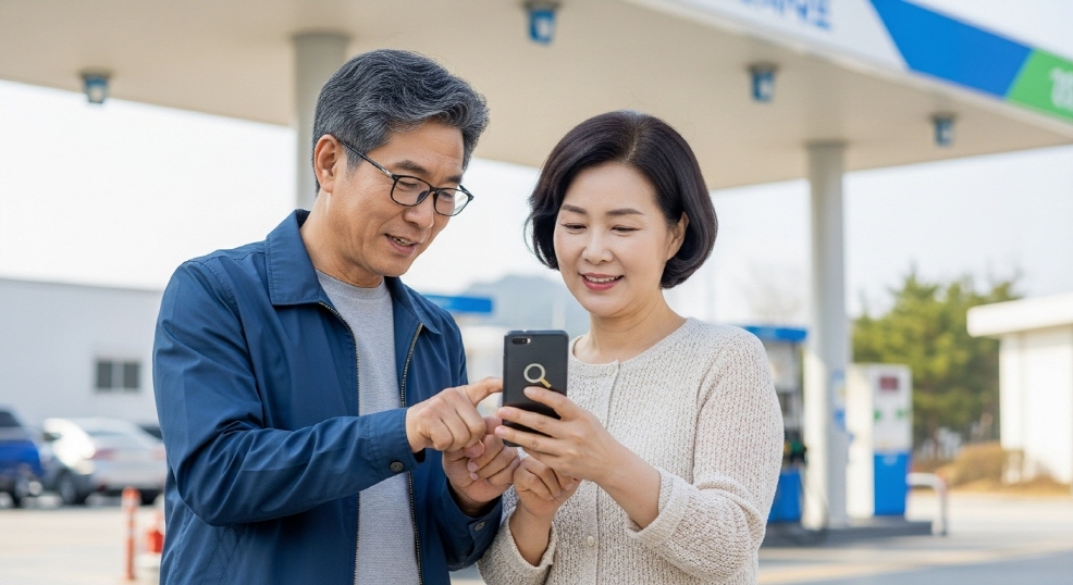 주유소 앞에서 &lsquo;주유소 검색 앱&rsquo;을 함께 보고 있는 중년 부부