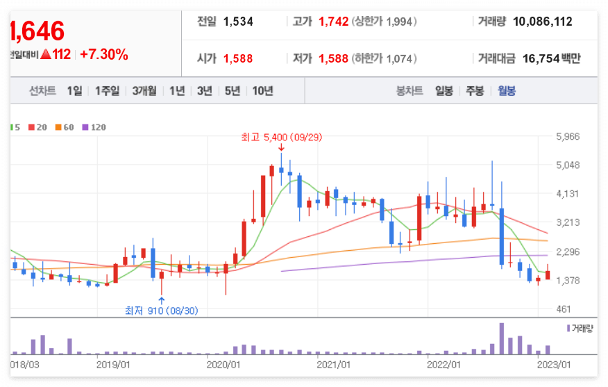 셀피글로벌 월봉 차트