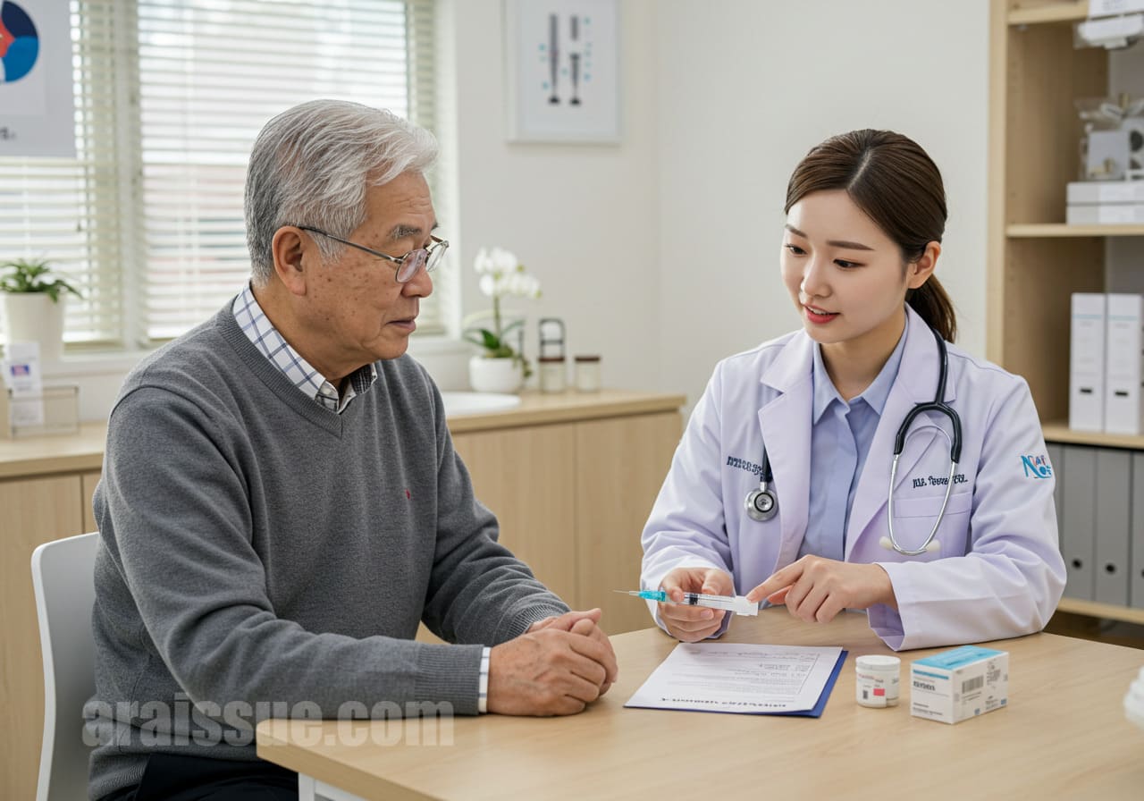 한국의 고령 남성이 병원에서 여성 의사와 폐렴 예방접종에 대해 상담 중인 장면. 테이블 위에 접종 도구와 차트가 놓여 있고, 배경은 깔끔한 진료실입니다.