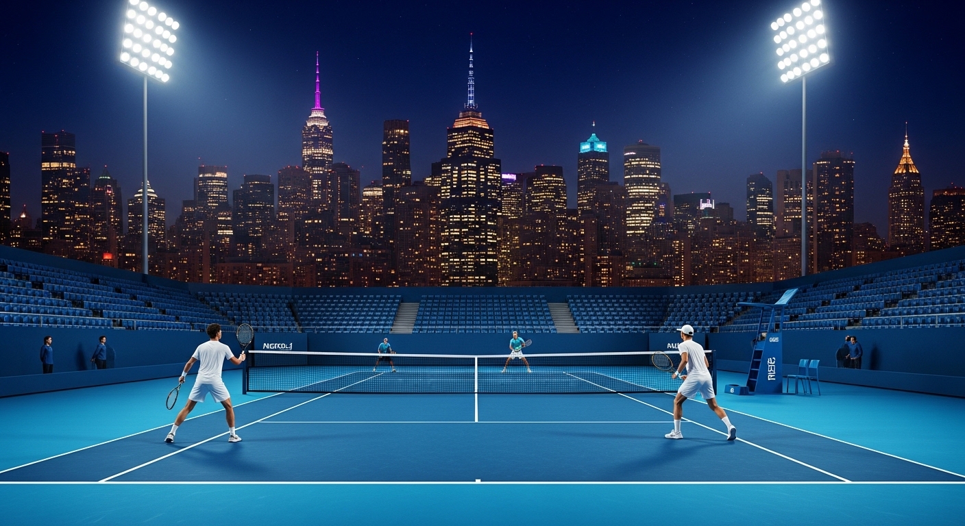 도심의 화려한 풍경을 배경으로 열띤 경기가 펼쳐지는 야외 하드 코트의 야경